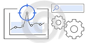 Data Analysis with Chart, Search Bar, and Gears Representing Optimization and Analytics