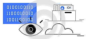 Data Analysis and Cloud Storage Concept with Binary Code, Eye Icon, and Digital File Storage