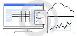 Data Analysis and Cloud Storage Concept with Graphs and Checklists on Computer Screen