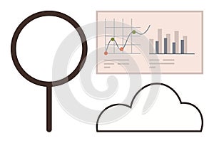 Data Analysis and Cloud Storage Concept with Graphs and Magnifying Glass