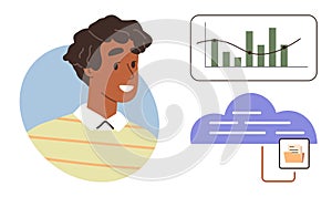 Data Analysis and Cloud Technology Concept with Male User and Digital Visualization Elements