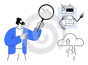 Data Analysis and Cloud Technology Concept with Robot, Magnifying Glass, and Cloud Computing