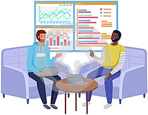 Data analysis concept. Analytics team monitoring investment result. Finance report diagrams