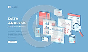 Data analysis concept, audit SEO Analytics StatisticsS trategic Report Management. Charts, graphics on documents, magnifying glass