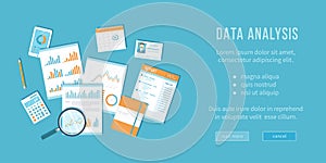 Data analysis concept. Financial Audit, analytics, statistics, strategic, report, management. Magnifying glass over documents