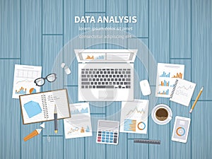 Data analysis concept. Financial Audit, SEO analytics, statistics, strategic, report, management. Charts, graphics on a screen