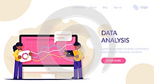 Data analysis concept. Office situations. Big Data. People build a dashboard and interact with graphs. Man and woman