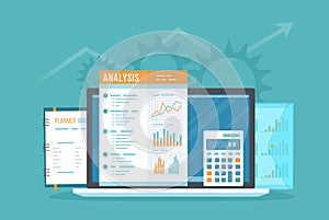 Data analysis concept. Online audit, SEO analytics, statistics, strategic, management. Charts graphics on document