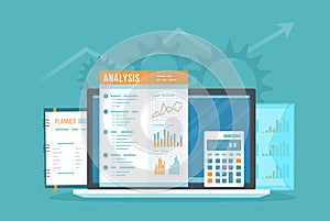 Data analysis concept. Online audit, SEO analytics, statistics, strategic, management. Charts graphics on document photo