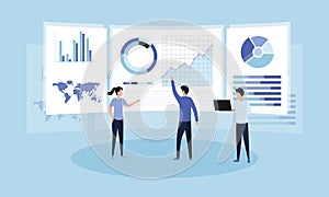 Data analysis concept. Teamwork of business analysts on holographic charts and diagrams of sales management statistics and operati photo