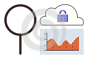 Data Analysis and Cybersecurity Concept with Magnifying Glass, Cloud Lock, and Analytics Graph