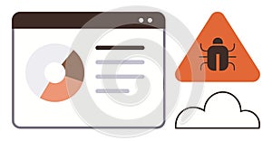 Data analysis and cybersecurity threat concept with bug alert and cloud connection