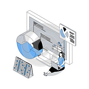 Data analysis 3d isometric concept with isometry people design for web. Woman working with analytics diagram, researching and