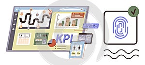Data Analysis Dashboard and Digital Security Authentication Concept with Fingerprint Verification