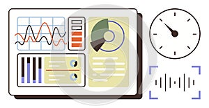 Data Analysis Dashboard with Graphs, Pie Chart, and Time Tracking Elements