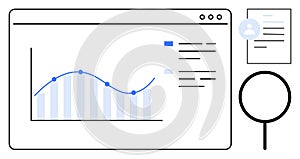 Data Analysis Dashboard with Line Graph, Document, and Search Magnifier Symbol