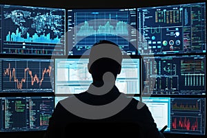 Data analysis dashboard with multiple screens displaying analytics and graphs