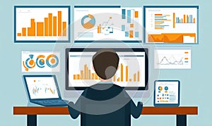 Data analysis dashboard with multiple screens displaying charts, graphs, and statistics for business insights