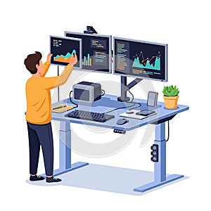 Data Analysis, Developer, Programmer at Standing Desk with Multiple Monitors