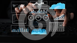 Data analysis and digital dashboard visualization with graphs, charts, and world map on a computer screen during
