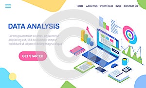 Data analysis. Digital financial reporting, seo, marketing. Business management, development. 3d isometric laptop, computer, pc