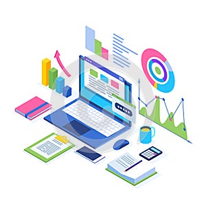 Data analysis. Digital financial reporting, seo, marketing. Business management, development. 3d isometric laptop, computer, pc