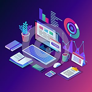 Data analysis. Digital financial reporting, seo, marketing. Business management, development. 3d isometric laptop, computer, pc