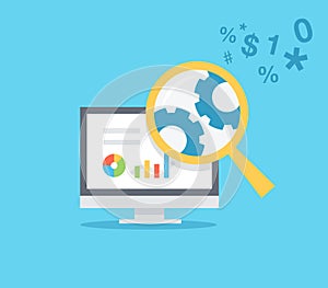 Data analysis and financial research simple flat symbol with computer and magnifier