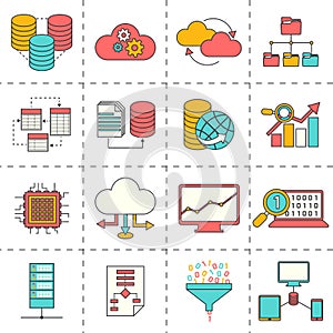 Data analysis flat line icons