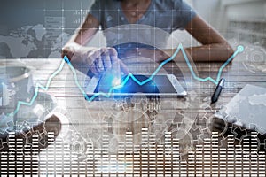 Data analysis graph on virtual screen. Business finance and technology concept.