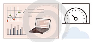 Data Analysis with Graphs and Metrics on Laptop Screen and Speedometer for Performance Tracking