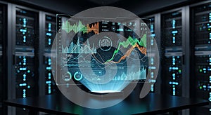 Data Analysis Hologram Server Room, Big Data, AI Analytics