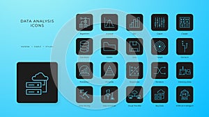 Data analysis icons collection with black filled line style. analytics, chart, graph, growth, research, information, report.