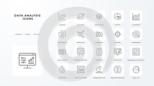 Data analysis icons collection with black outline style. analytics, chart, graph, growth, research, information, report. Vector
