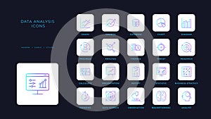 Data analysis icons collection with blue duotone style. analytics, chart, graph, growth, research, information, report. Vector