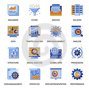 Data analysis icons set in flat style.