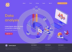 Data analysis isometric landing page. Financial data analysis, management and optimization, database structuring isometry web page
