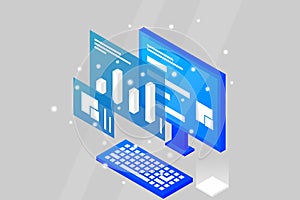 Data analysis in isometric vector design. Technician in datacenter or data center room background. Network mainframe infrastructur