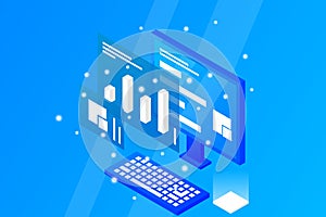 Data analysis in isometric vector design. Technician in datacenter or data center room background. Network mainframe infrastructur