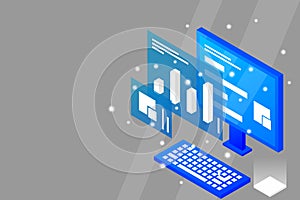 Data analysis in isometric vector design. Technician in datacenter or data center room background. Network mainframe infrastructur