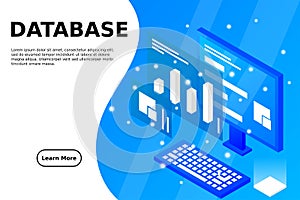 Data analysis in isometric vector design. Technician in datacenter or data center room background. Network mainframe infrastructur