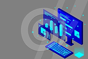 Data analysis in isometric vector design. Technician in datacenter or data center room background. Network mainframe infrastructur