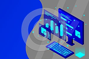 Data analysis in isometric vector design. Technician in datacenter or data center room background. Network mainframe infrastructur