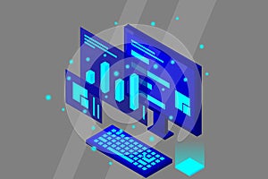 Data analysis in isometric vector design. Technician in datacenter or data center room background. Network mainframe infrastructur