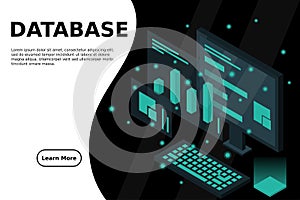 Data analysis in isometric vector design. Technician in datacenter or data center room background. Network mainframe infrastructur
