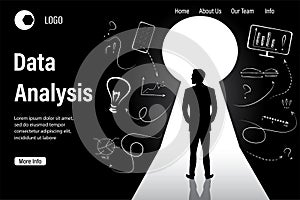 Data analysis landing page template. Male analyst silhouette standing front of door keyhole. Male character back view