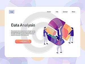 Data analysis landing page template with people. 3d isometric vector illustration.