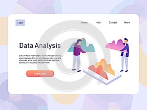 Data analysis landing page template with people. 3d isometric vector illustration.