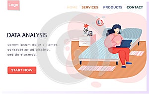 Data analysis landing page template with young woman with laptop sitting on bed in bedroom at home