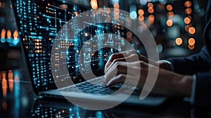 Data Analysis on Laptop with Glowing Digital Interface Cybersecurity, Networks, and Programming Concept